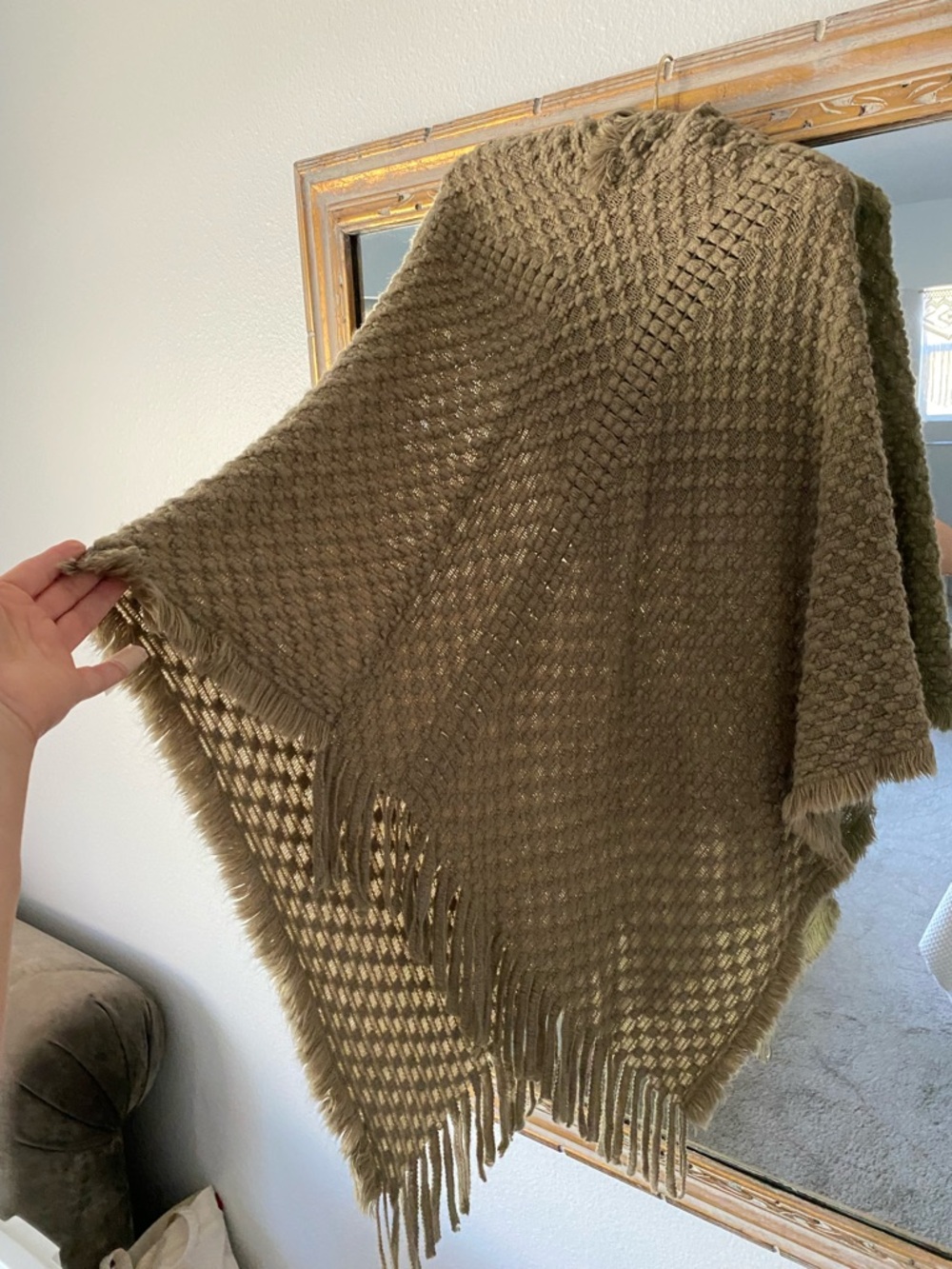 Fringed Olive Knit Poncho Cape for Women